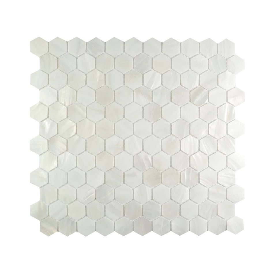 White Hexagon Mosaic Mother of Pearl Tiles - 295x285x2mm, 1.01 Sq. M, Pack of 12, Mesh Backing