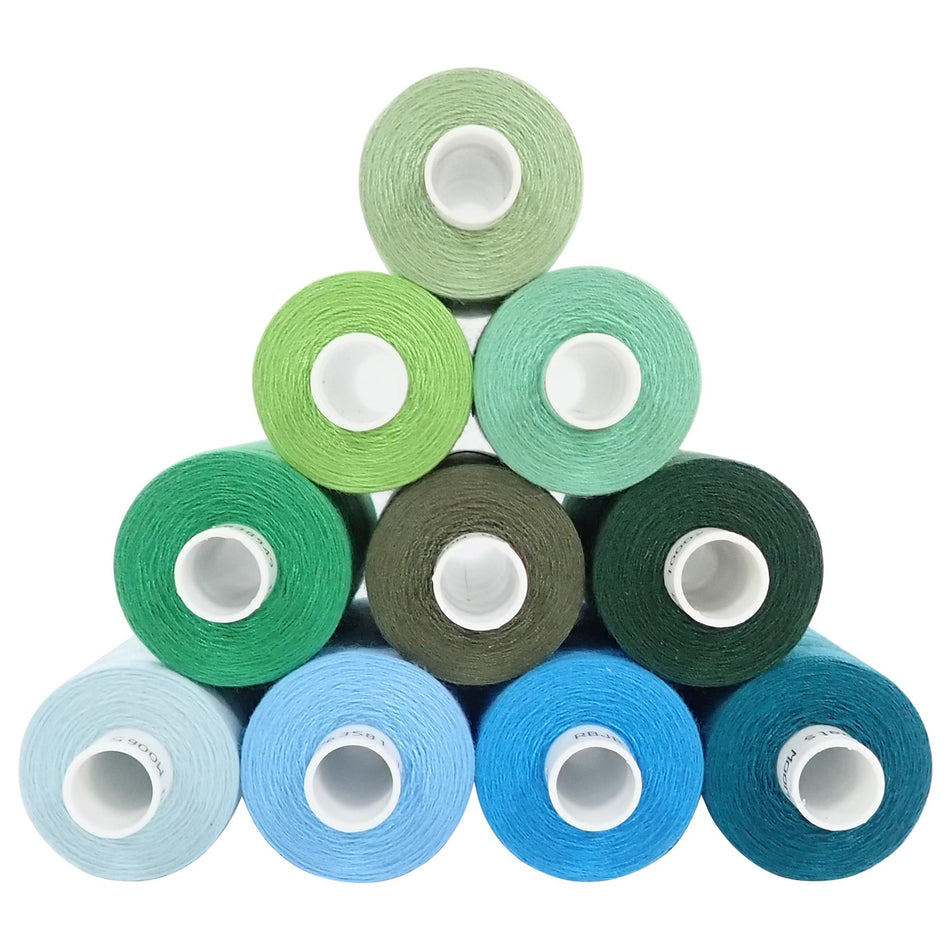 Assorted Greens Spun Polyester Sewing Thread - 1000M, Set of 10