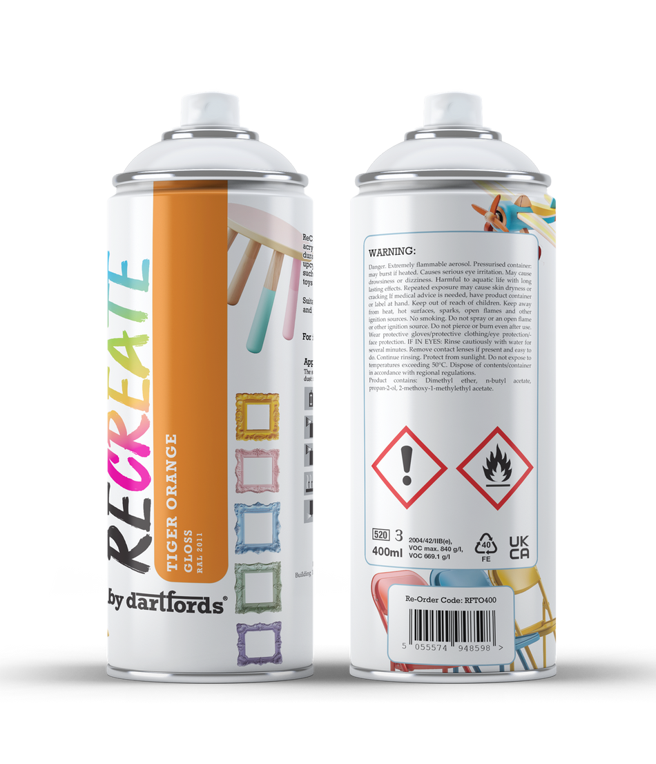 RECREATE Tiger Orange Gloss Spray Paint for Wood, Metal, Plastic | Quick Drying, Smooth, Durable, Easy-to-Apply | Suitable for Indoor / Outdoor | For Furniture, Craft, Doors, Ornaments, Pots, Frames