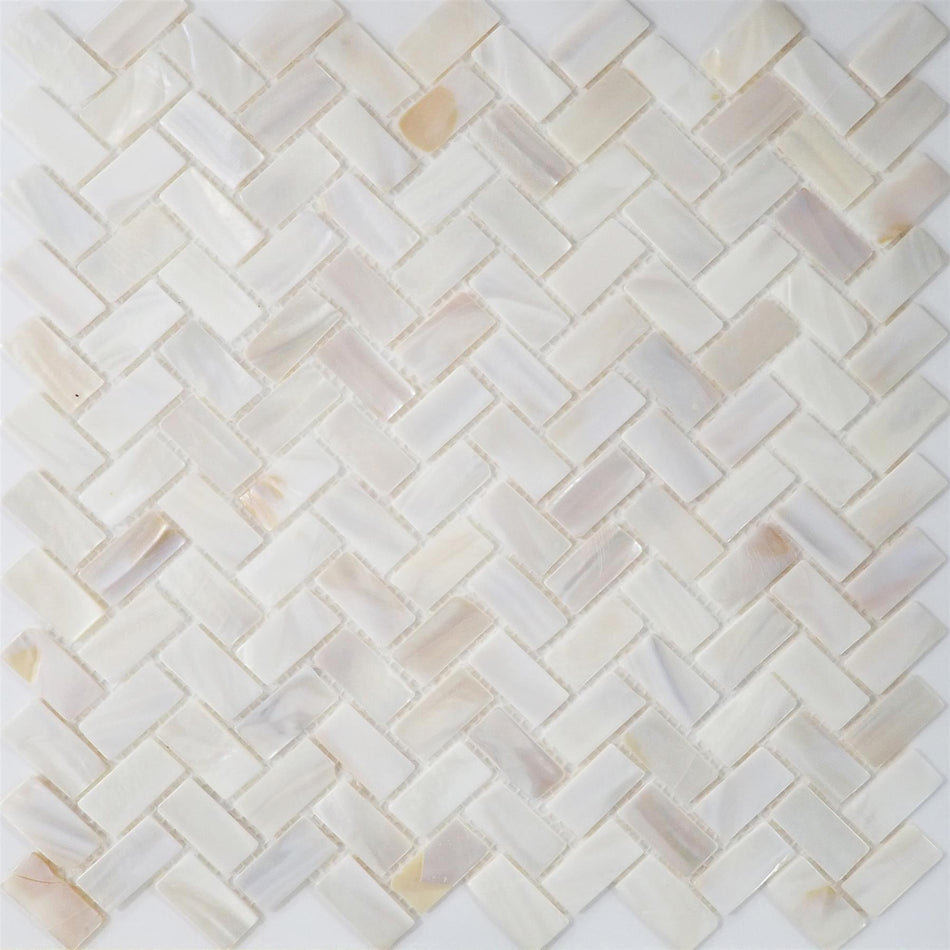 White Mother of Pearl Herringbone Mosaic Tiles - 270x287x2mm, Pack of 4, Mesh Backing