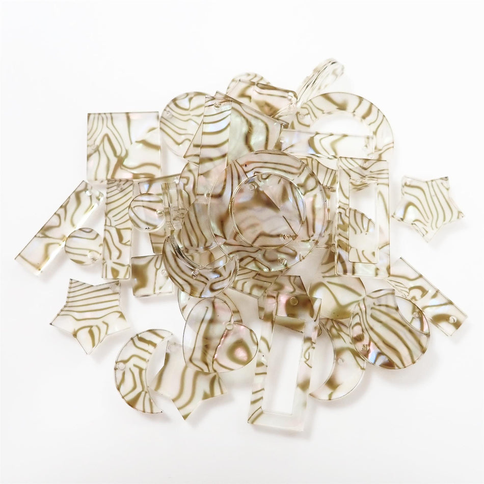 Light Abalone Shell Celluloid Laminate Acrylic Jewellery Making Shapes - 10-33mm, Set of 46, Mixed