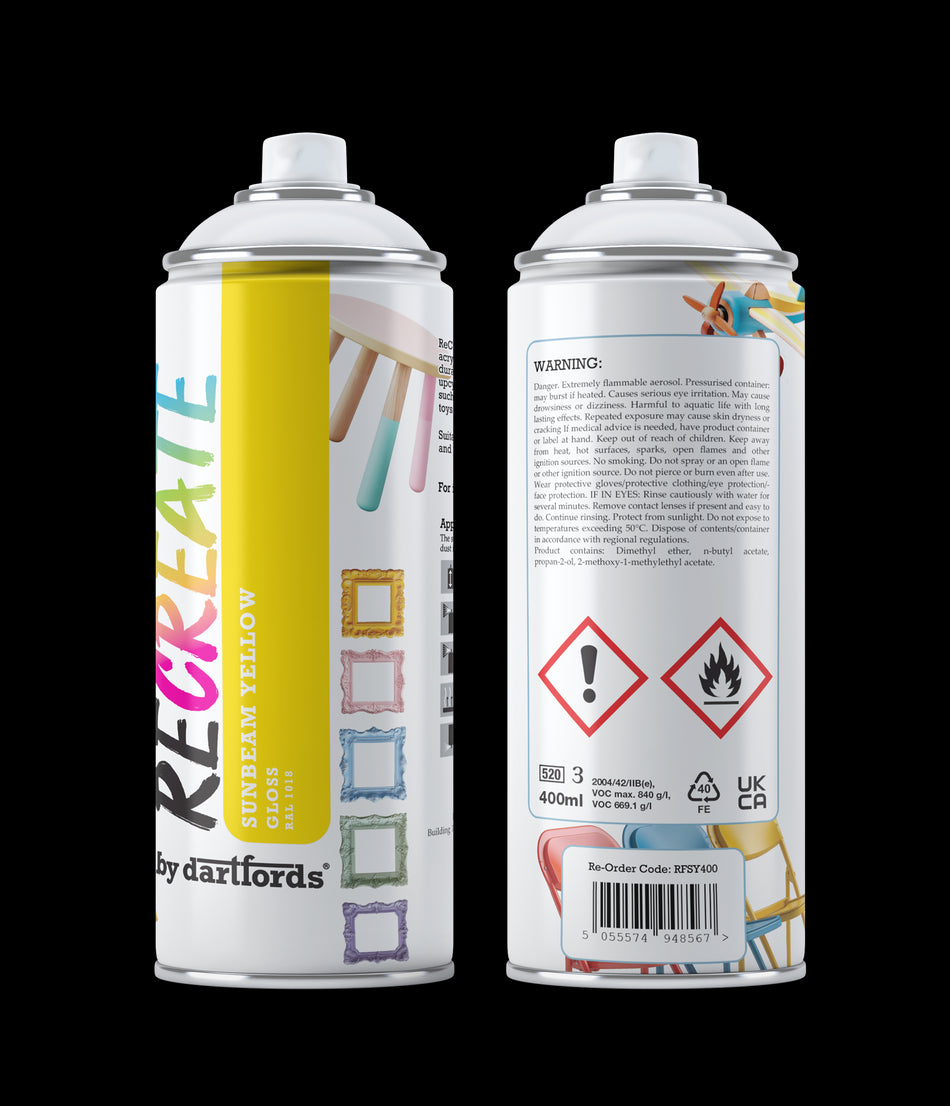 RECREATE Sunbeam Yellow Gloss Spray Paint for Wood, Metal, Plastic | Quick Drying, Smooth, Durable, Easy-to-Apply | Suitable for Indoor / Outdoor | For Furniture, Craft, Doors, Ornaments, Pots, Frames