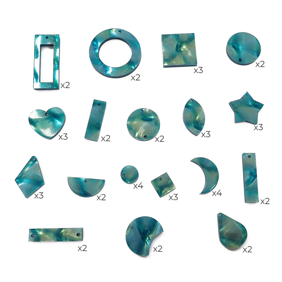 Green Snakeskin Acrylic Jewellery Making Shapes - 10-33mm, Set of 46, Mixed