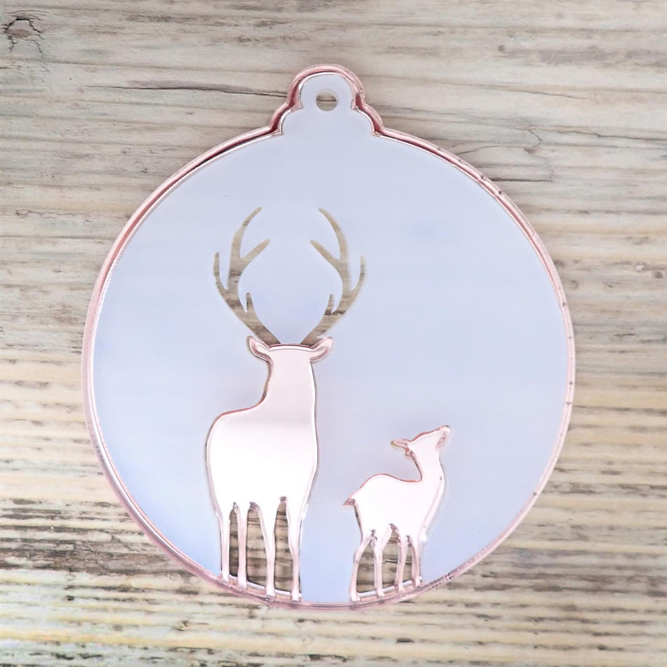 White and Pink Deer Christmas Baubles by Incudo, 74mm (Pack of 5)