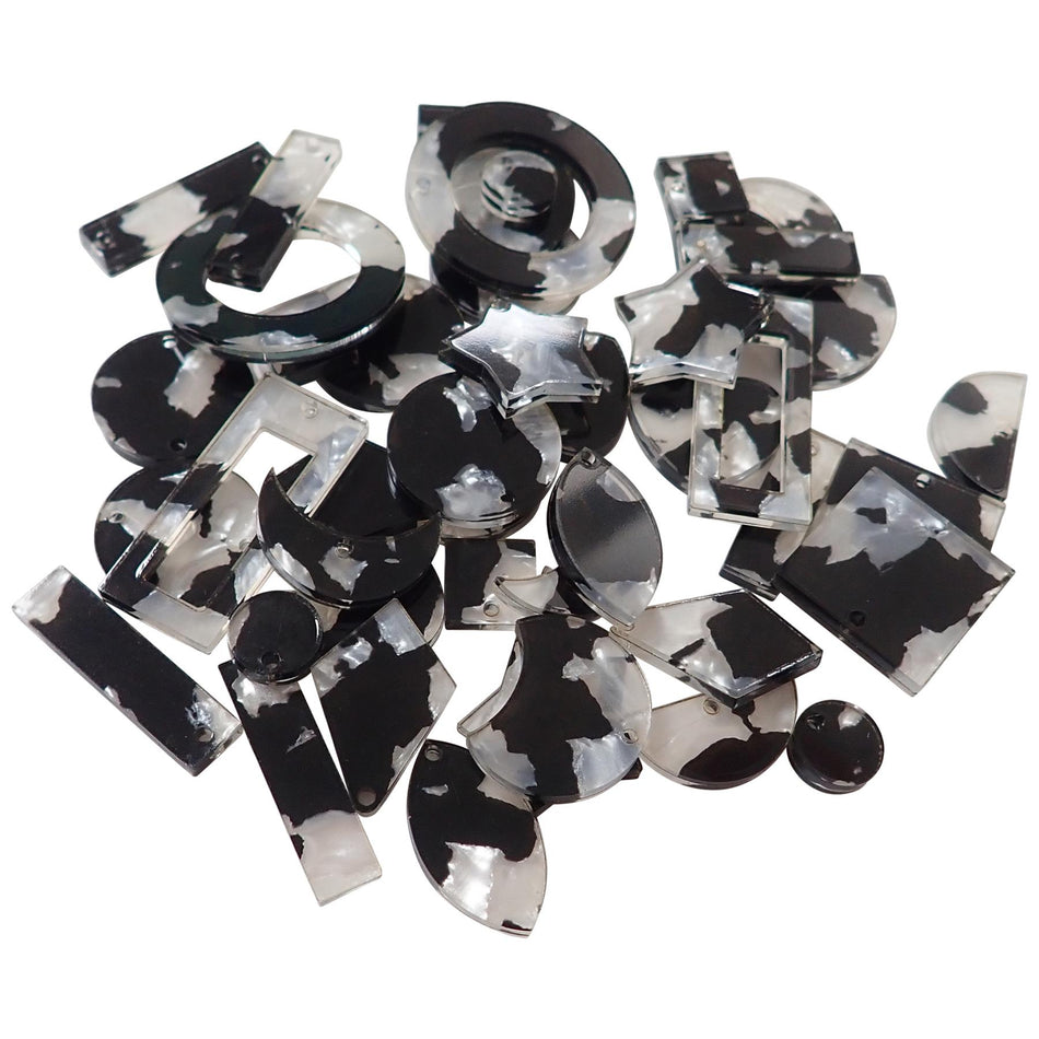 Black and White Pearloid Celluloid Laminate Jewellery Making Shapes - 10-33mm, Set of 46, Mixed