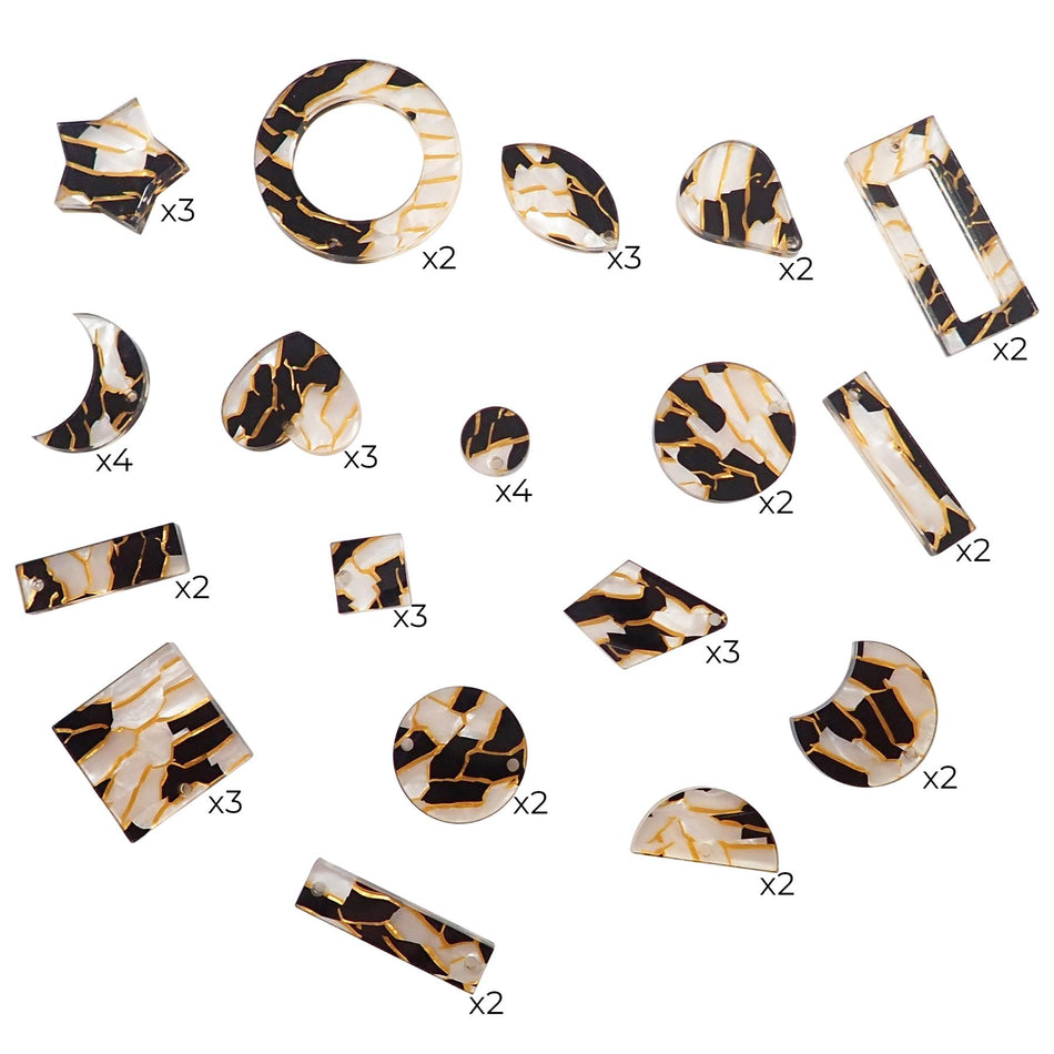 Black and White Crackle Celluloid Laminate Jewellery Making Shapes - 10-33mm, Set of 46, Mixed
