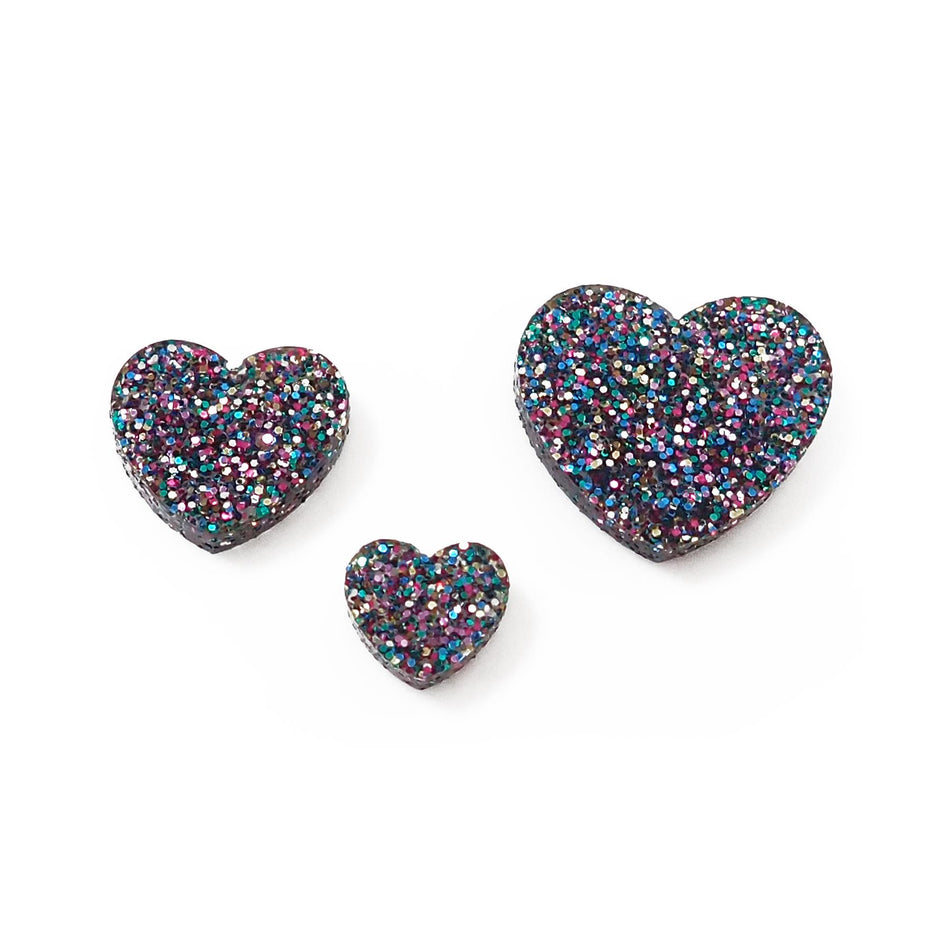 Dark Grey Holographic Glitter Acrylic Jewellery Making Shapes - 10-20mm, Set of 24, Hearts