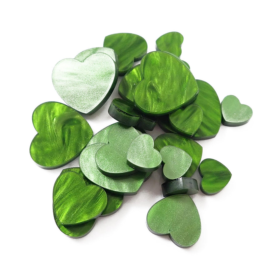 Green Pearl Acrylic Jewellery Making Shapes - 10-20mm, Set of 24, Hearts
