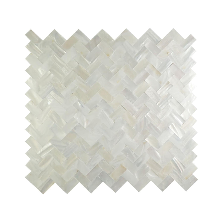 White Gapless Herringbone Mosaic Mother of Pearl Tile - 278x300x2mm, Mesh Backing
